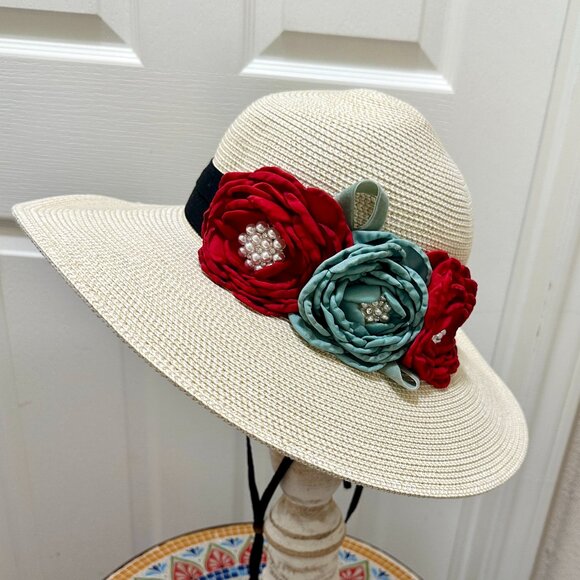 Elegant Women's Tweed Sun Hat With Satin Flowers And Pearls Special Event (NEW) - Picture 7 of 12